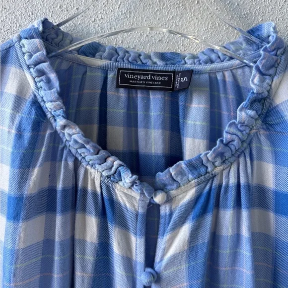 Vineyard Vines XXL Blue Checkered Button Front Short Sleeve Top Ruffle Neck Soft - Picture 5 of 12
